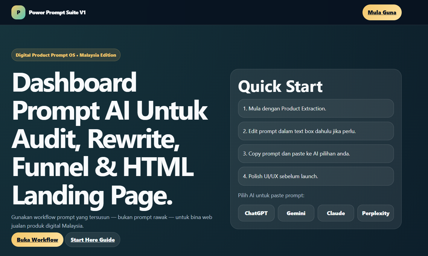 Screenshot dashboard sebenar Power Prompt Suite V1